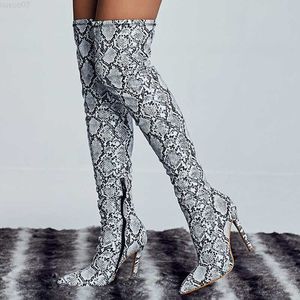 Laarzen 2023 Vrouwen Over De Knie Dij Hoge Laarzen Slangenprint 11cm Hoge Hakken Serpentine Stripper Lange Pleaser Winter lederen Prom Schoenen L230711