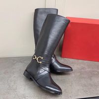 Boots 2023 Zapatos de Mujer en cuir authentique genoue haute femme métal décora orteils ronds talons carrés1