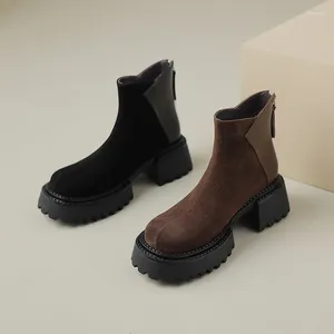 Boots 2024 Autumn en Winter Dames Leather Round Round Toe Chunky Heel Platform Short Zapatos Mujer Knight