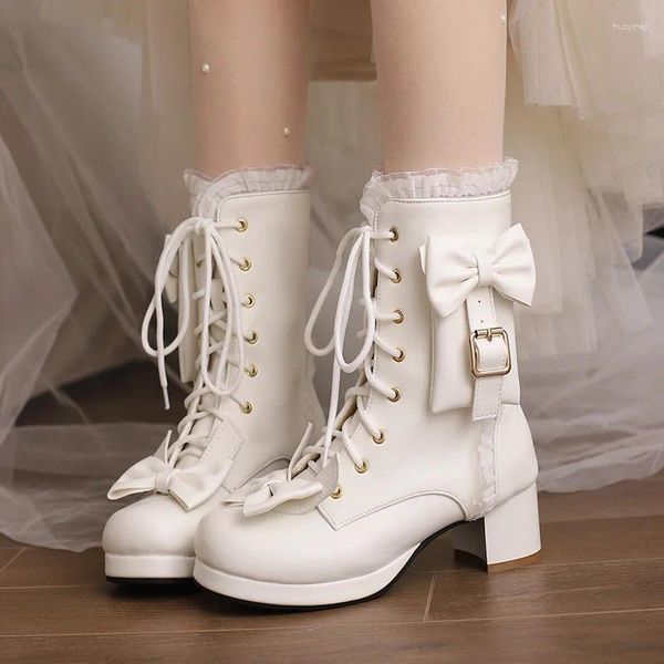 Bottes 2024 Automne JK Lolita Style Cosplay Cheville Princesse Noeud Papillon Botas Mariage Blanc Rose Chaussures Filles 7 8 10 13 14 17