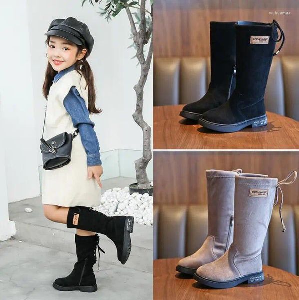 Bottes 2024 Automne Kids Knee-High for Girl Soft Flock Leather Style Korean Girls Taille 27-37