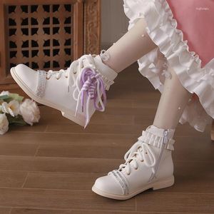 Bottes 2024 Automne Style Lolita Doux Lacet Tissage Filles Courtes Fermeture À Glissière Croisée Parti Princesse Chaussures Blanc Noir Rose 12 Y