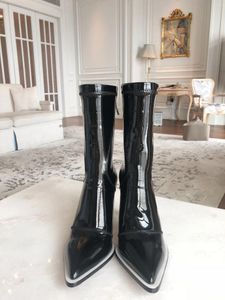 Boots 2024 Herfst Winter Brand Dames middenkalf 9cm Hoog glanzend zwart puntige teen nestiletto mode veelzijdige schoenen