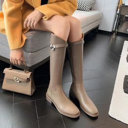 Botas 2024 Otoño/Invierno De cuero genuino De Mujer largo versátil Casual media plataforma alta Botas De Mujer antideslizante De goma Mujer