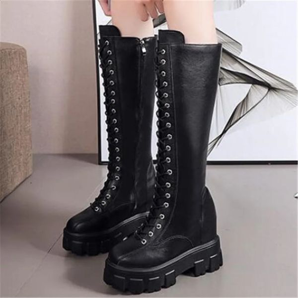 Bottes 2024 automne hiver femmes genou bottes hautes dame coin 10CM talons hauts plate-forme bottes longues mode cuir baskets moto botte 231219