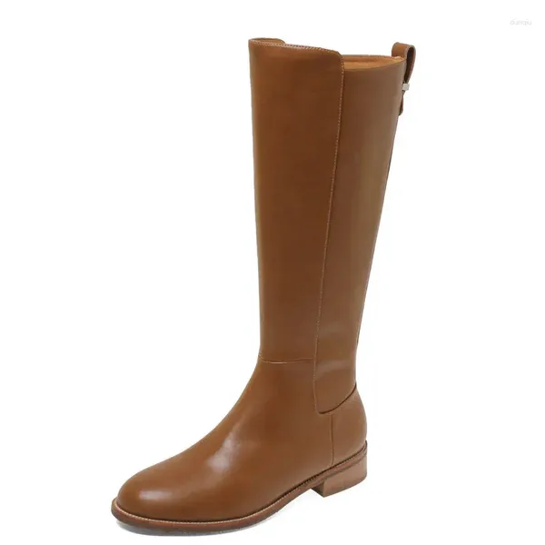 Botas 2024 Otoño Invierno Mujeres Rodilla Alta Oficina Damas Casual Tacones bajos Zapatos Mujer Cuero de vaca Tamaño 34-40