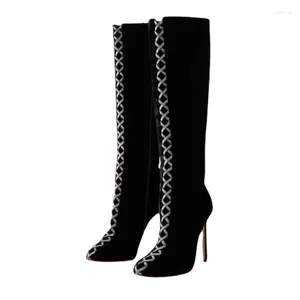 Bottes 2024 Automne Femme Hingestone Design Knee High Heel Sexy Point Toe Robe Party Banquet Chaussures Taille 43 45 46