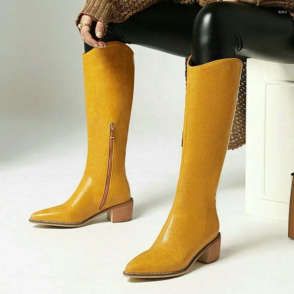 Bottes 2024 Grande Taille 34-43 Genou Haute Talons Épais Bout Pointu Hiver Confortable En Cuir PU Femmes Noir Argent Jaune