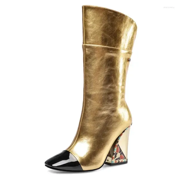 Botas 2024 Marca Color Rhinestone Cowhide Mid Tub Tacón grueso Tacón cuadrado Punta Black Gold Runway Performance Zapatos de tacones altos 34-43