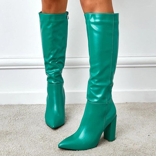 Boots 2024 Fashion Green Point Toe Zip Knee-High Femmes Automne talons carrés d'hiver Pompes de moto