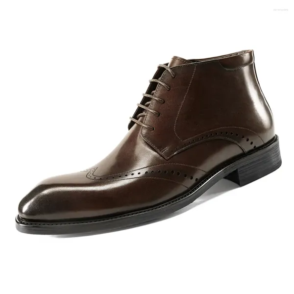 Bottes 2024 Mode Hommes De Luxe En Cuir Véritable À La Main Noir Classique Brogues Hommes Robe Chaussures Haut Cheville Botas Taille 44