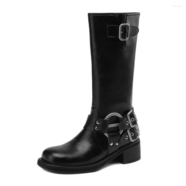 Boots 2024 Fashion printemps cuir chaussures Femme Automne Hiver Knee High Block Talons Ladies Riding Low Black