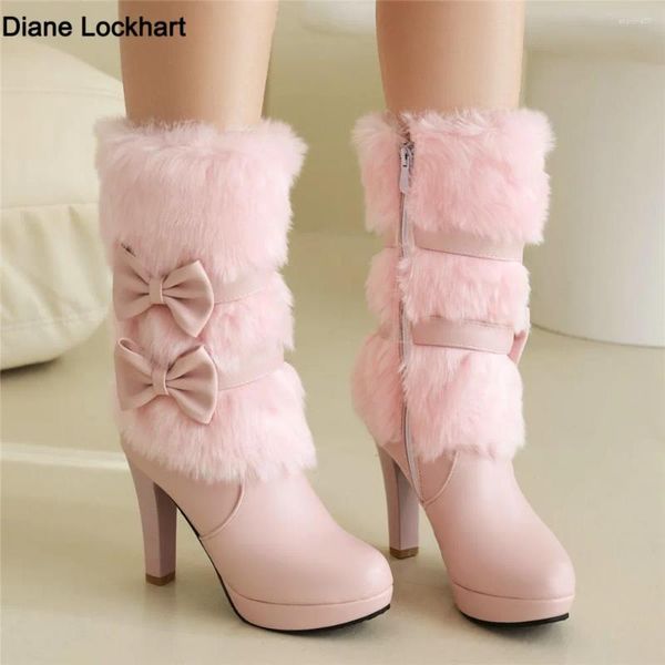 Botas 2024 Fashion Winter Womens High Heel Rosa Blanco Blanco Pielón Tassel Bowtie Lovely Lolita Ladies Zip Party Wedding Zapatos 33-43