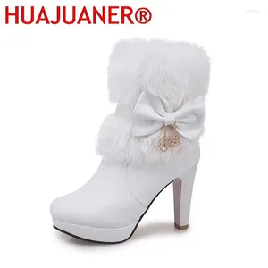 Boots 2024 Fashion Fovens Winter High talon rose blanc noir noire fourrure Bowtie Belle Lolita Ladies Party Chaussures de mariage
