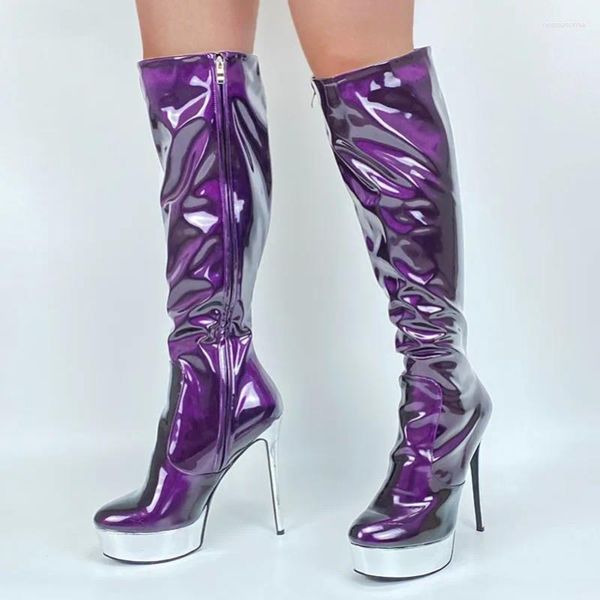 Bottes 2024 Plateforme de femmes faites à la main Knee High Shiny Talons minces Round Toe Gorgeous Purple Party Chaussures Us Taille 5-15