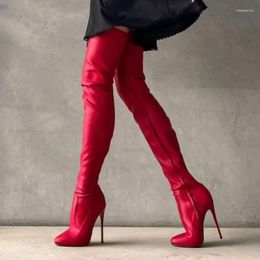 Botas 2024 Mujeres hechas a mano Musillo de primavera Alto tacones de aguja sexy de tacones redondos hermosos zapatos de fiesta de fucsia rojo US tal tamaño 5-20