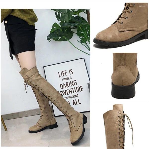 Bottes 2024 Lacet-up Over-the-the-the-Knee's Chamois en cuir Chaussure Personnalité Size Side Zipper Design Fashion Flat Daily Wear