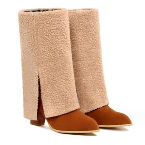 Laarzen 2024 Licht tan fur high platform laarzen hoge dikke hiel ronde teen midden kalf laarzen elegante vrouwen casual outfit winter