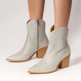 Boots 2024 Nouvelle vente chaude mode Femmes de cheville Boots Western Cowboy Boots Side Zipper Glitter Bling Trend High Heels Botas de Mujer
