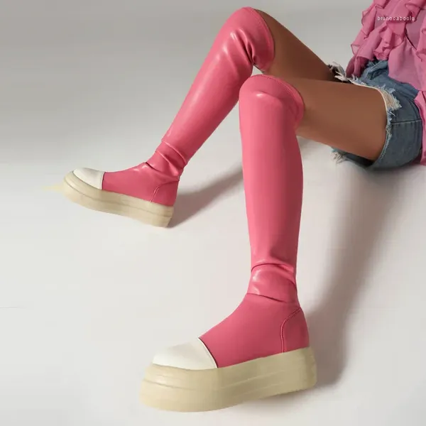 BOTS 2024 Plataforma Knee Tacones de altura Tacones planos espesos de mujeres rosadas sobre el