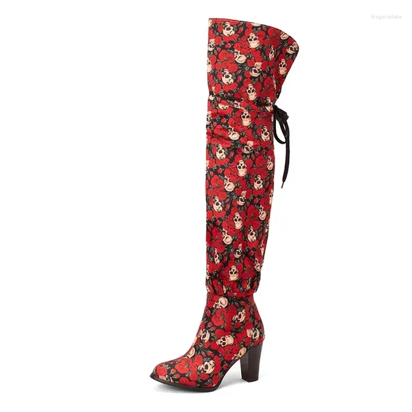 Bottes 2024 Printemps Autumn Femmes Over-the-Knee Plus taille 22,5-28 cm Fleurie-Fleurs imprimées et américain Long