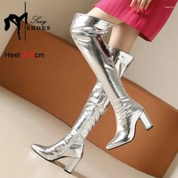 Bottes 2024 carré talon haut cuisse doré argent laquier brillant en cuir féminin grand taille 45 46 chaussures