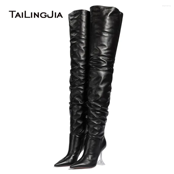 Bottes 2024 Hiver Ladies High Heel Black Clari Clear Pointé Out sur le genou Boot Women Chaussures Longs avec des talons