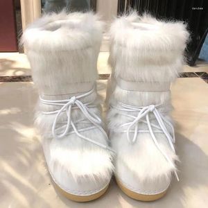 Botas 2024 invierno nieve mujeres esquí mullido peludo encaje hasta la plataforma de la pantorrilla media plana con botas de moda blanca mujer