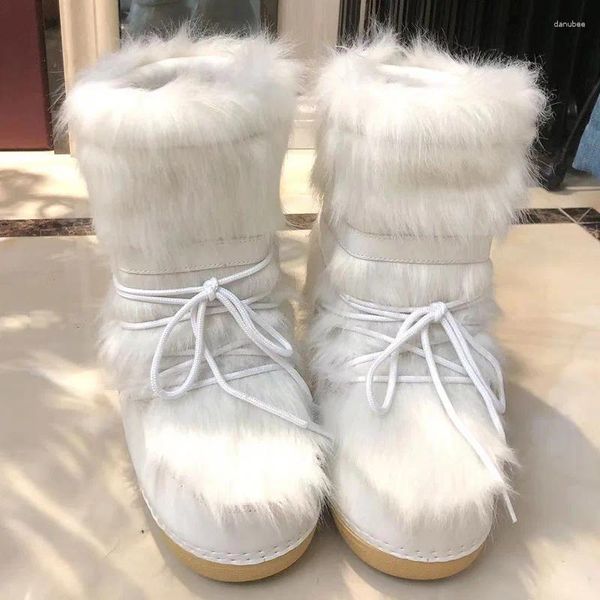 Botas 2024 invierno nieve mujeres esquí mullido peludo encaje hasta la plataforma de la pantorrilla media plana con botas de moda blanca mujer