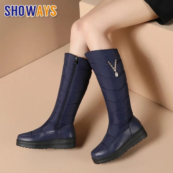 Botas 2024 Mujeres de invierno Botas de nieve de rodilla Blue impermeable