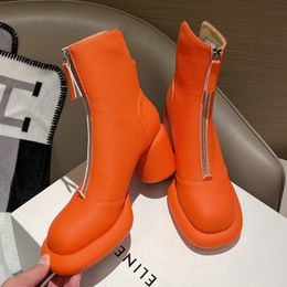 Botas 2024 botines de mujer cuero genuino básico cremallera tacones altos redondos plataformas zapatos de mujer negro Beige naranja 230830