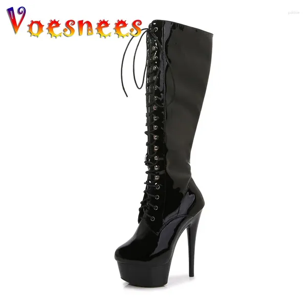 Bottes 2024 Femmes Longueur du genou Tube Middle Plate-forme noire Round Head Steel Pipe Dance Chaussures Talon Talon Nightclub Sexy Modèle