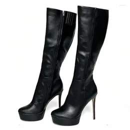 Boots 2024 Women Platform Knee Stiff Full Side Zipper Stiletto Heel Round Toe Black Club Wear Shoes Ladie Plus US Size 5-20