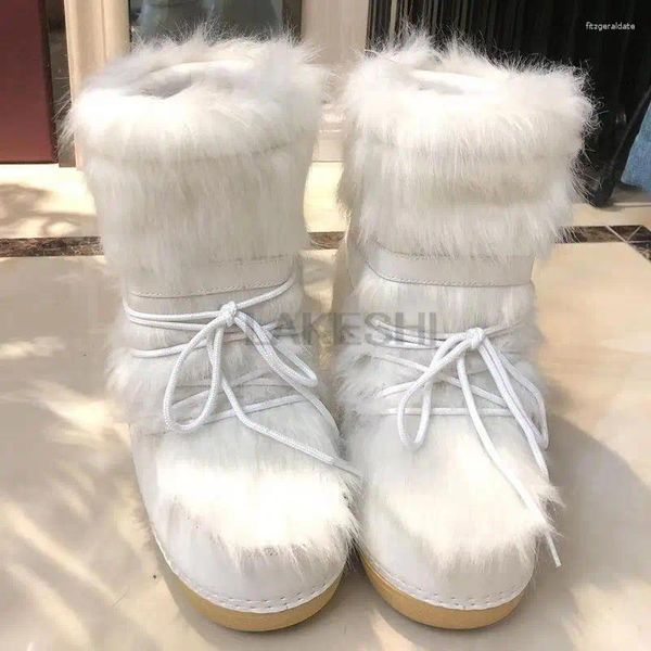 Bottes 2024 Femmes Chaussures hivernales Snow Ski Ski Fluffy Hairy Lacet Up Mid-Calf Plateforme plate avec un espace blanc plus taille