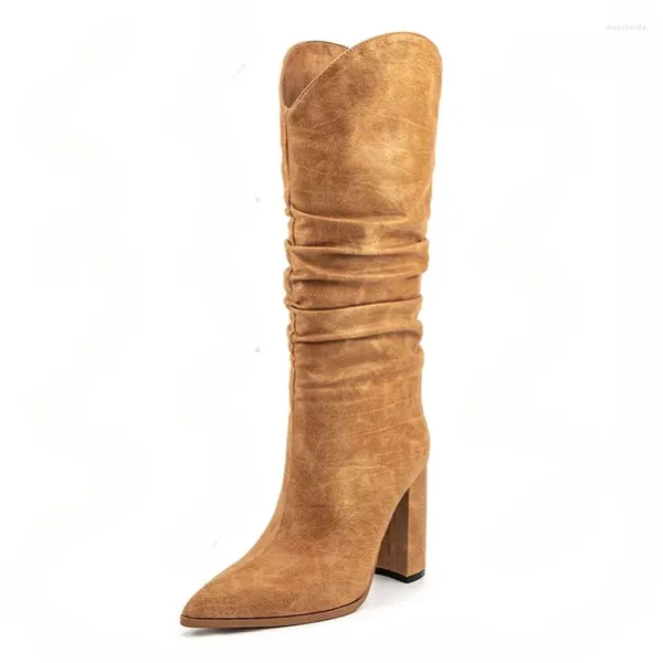 Botas 2024 Mujeres Invierno Mid-Mid Cow Block Sexy Tise High Toel Toe Brown Party Shoes Plus US Talla 5-13