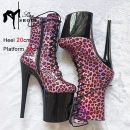 Bottes 20cm cheville talons hauts automne femmes chaussures de plate-forme laser imprimé léopard mince dames courtes pôle danse 230918