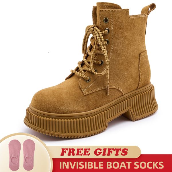 Botas Marton de 5cm para mujer, botas de ante de cuero genuino para otoño, botas amarillas para mujer, botines de estilo británico Vintage para mujer 230829