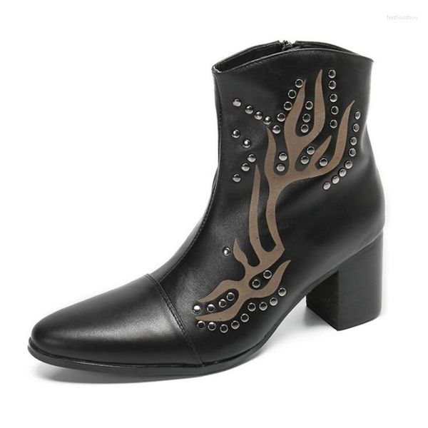 Botas 6.5cm saltos estilo punk cowboy curto preto / branco couro tornozelo homens fivela deslizamento em cavaleiro / festa botas hombre