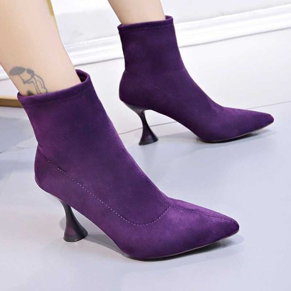 Botas 85Cm Tacón ultra alto Corto Otoño e invierno Stiletto Mujeres de gran tamaño Zapatos de moda de gamuza púrpura J220923