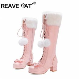 Botas 89 High Lolita Reavecat Winter Fur Tarm Tarming Girls Party Party Party Shoes Lace Up Bowtie Chunky Heel Side Zipper PU 76405