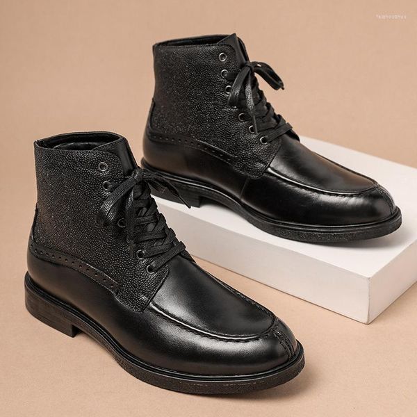 Botas A028 Vaca de los hombres Cuero genuino con cordones Zapatos de hombre High Becerro Calzado Masculino Británico Invierno Moto Vintage