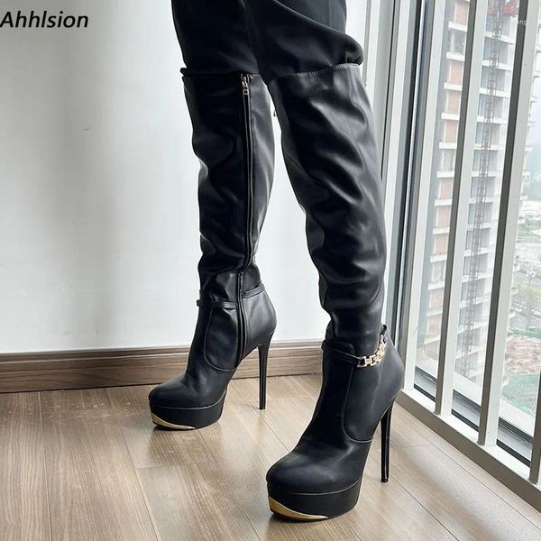 Bottes Ahhlsion Femmes Hiver Genou Faux Cuir Talons Aiguilles Bout Rond Belles Chaussures De Fête Noires Dames Taille US 5-20