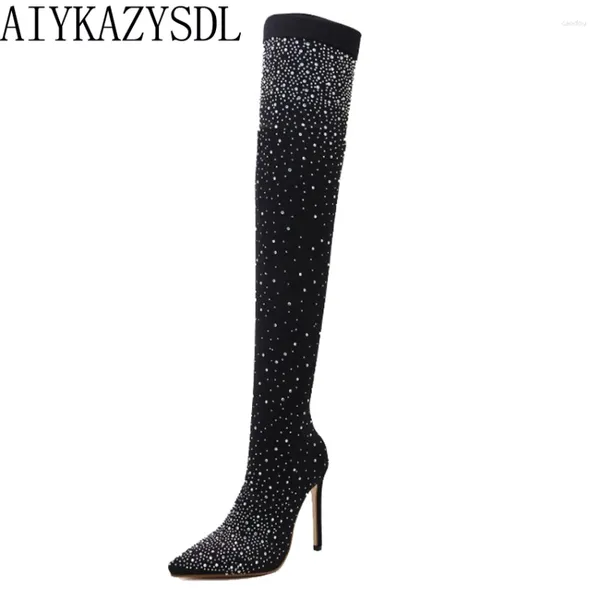 Bottes Aiykazysdl Spring Automne Femmes sur la cuisse High Stretch Towy Toe Pumps Talons Stiletto Crystal Hingestone