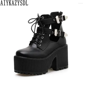 Botas AIYKAZYSDL Mujeres Punk Gótico Cut Out Zapatos Motocicleta Bike Bootie Tobillo Plataforma Chunky Tacón Grueso Bloque Alto Creeper