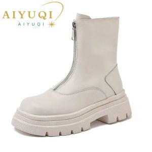 Boots Aiyuqi femmes bottes authentique cuir 2023 Nouvelles bottes d'hiver chaudes Femmes non glissantes British Style Front Zipper Women Bootes