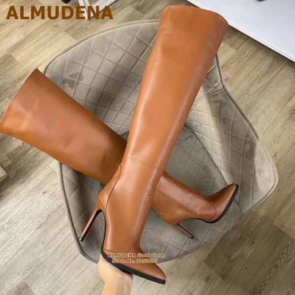 Botas almudena de cuero mate marrón sobre la rodilla botas delgadas tacón alto de punta punteada botas altas zapatos de vestido de suela negra con cremallera US14