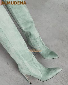 Bottes Almudena Mint Green Suede sur le genou Bottes Stiletto Talons pointés Toe High Boots Femme Femme Fou