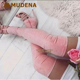 Bottes Almudena Suede brun rose sur le genou High Talon à loisie coupé orteil ouvert cuisse zippé la longue sandale taille 47