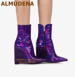 Bottes Almudena Purple Crystal coin talon HOLOGRAME IRIRESCENT MIRROIR CUIR PATCHWORD BLING MARDI