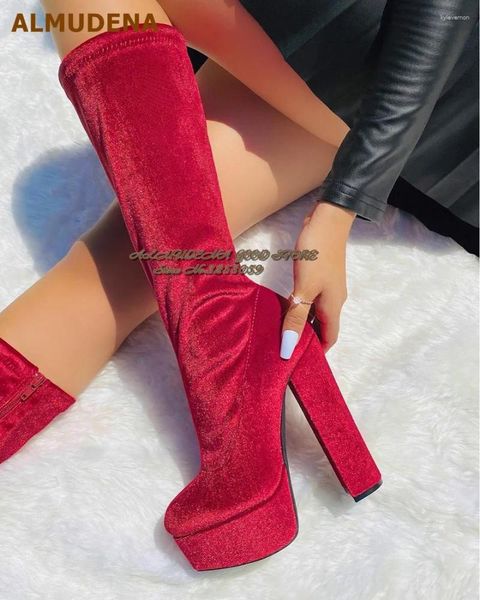 Boots almudena Velvet rouge chunky talon genou plate-forme rond